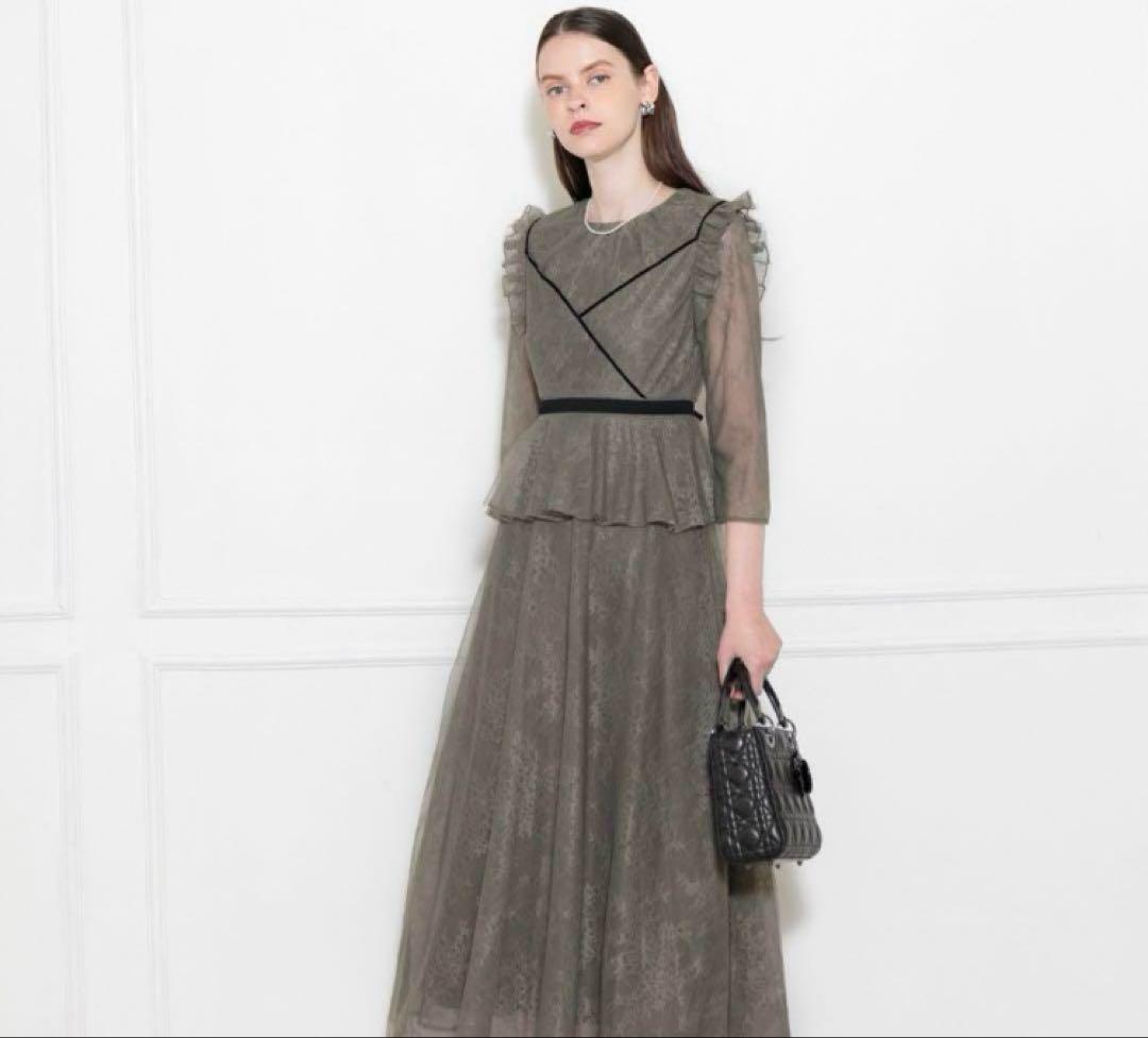 Leja リボン　総レース ドレス フレア グリーン　S ロングワンピース