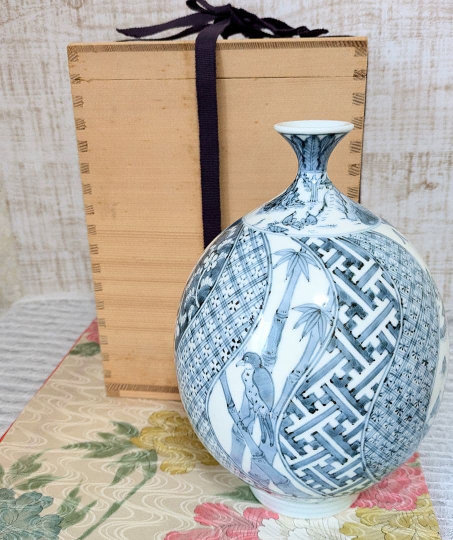 有田焼✿中仙窯✿中尾龍純作✿染付山水✿花瓶✿未使用✿高級✿希少