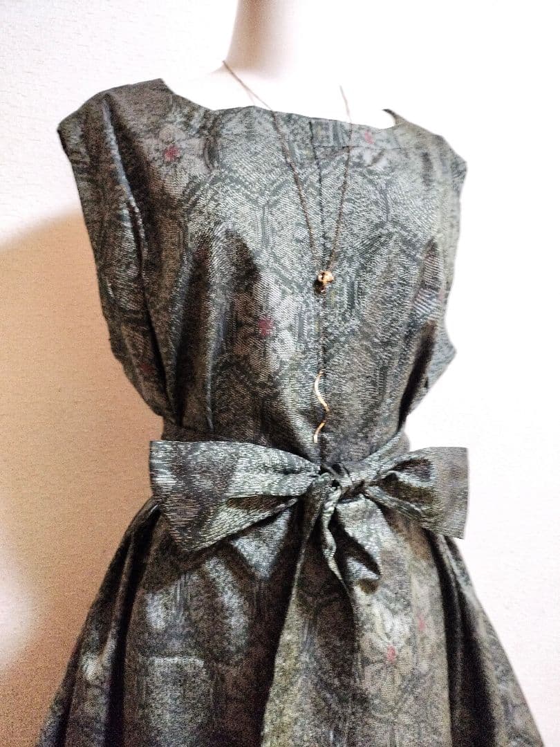 1876　着物リメイク☆大島紬Aラインロングワンピース+お出かけリングバック