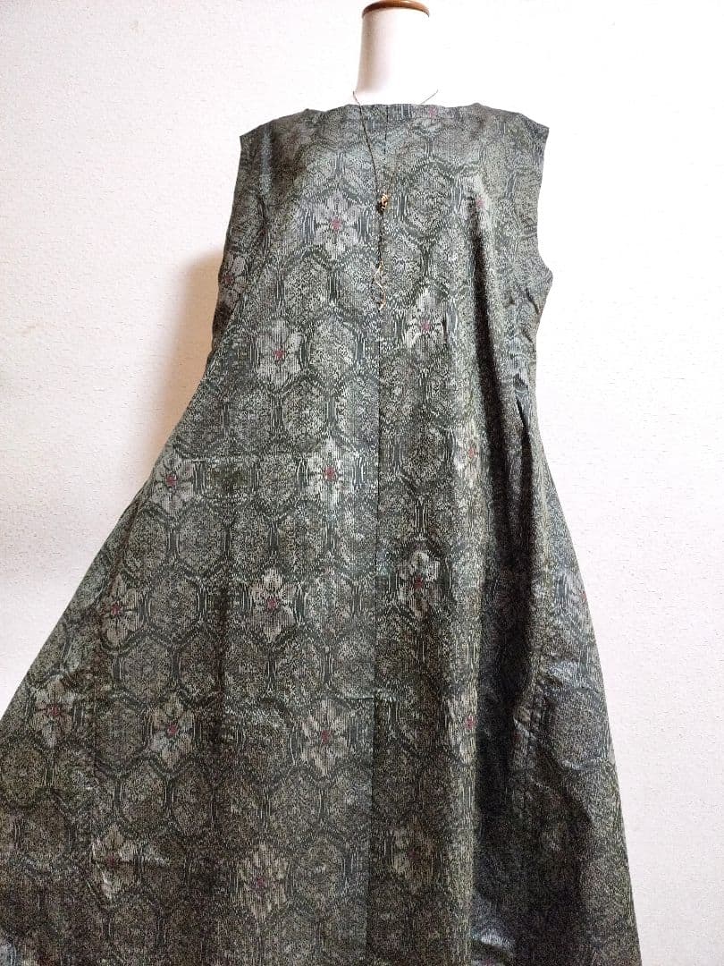 1876　着物リメイク☆大島紬Aラインロングワンピース+お出かけリングバック