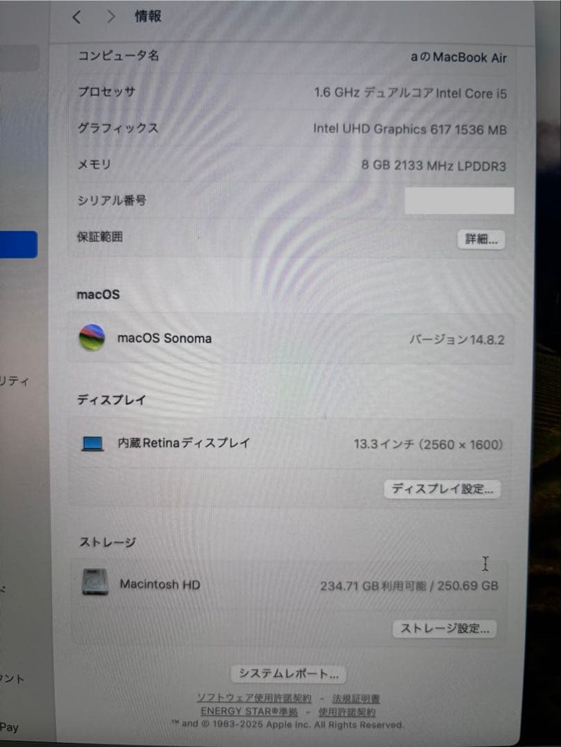 MacBook air 13-inch 2018 256GB バッテリー100%