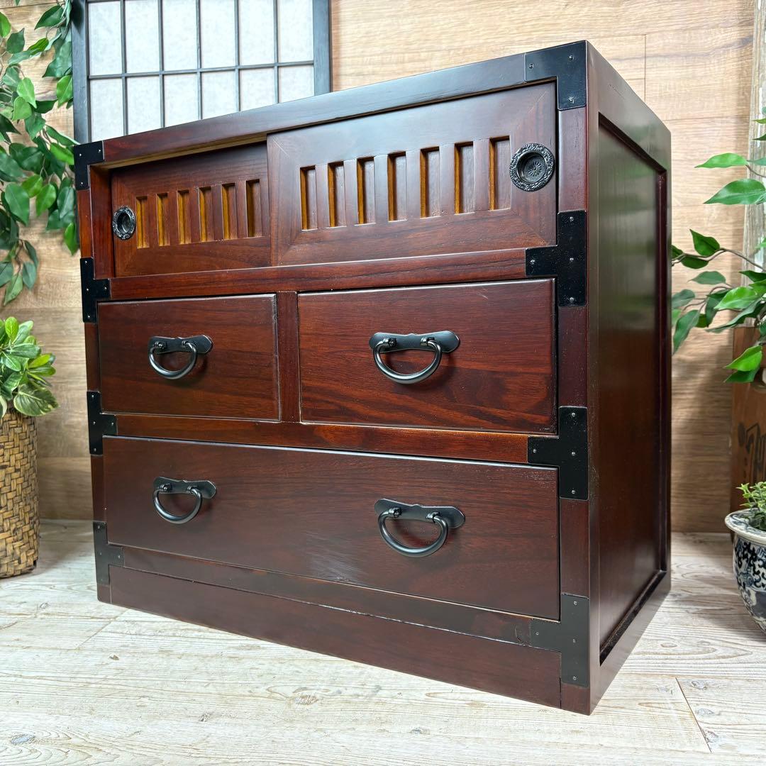 訳あり品【129】民芸家具引き戸付きタンスチェスト木製桐材無垢収納家具多引き出し