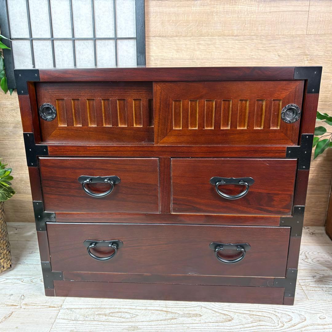 訳あり品【129】民芸家具引き戸付きタンスチェスト木製桐材無垢収納家具多引き出し