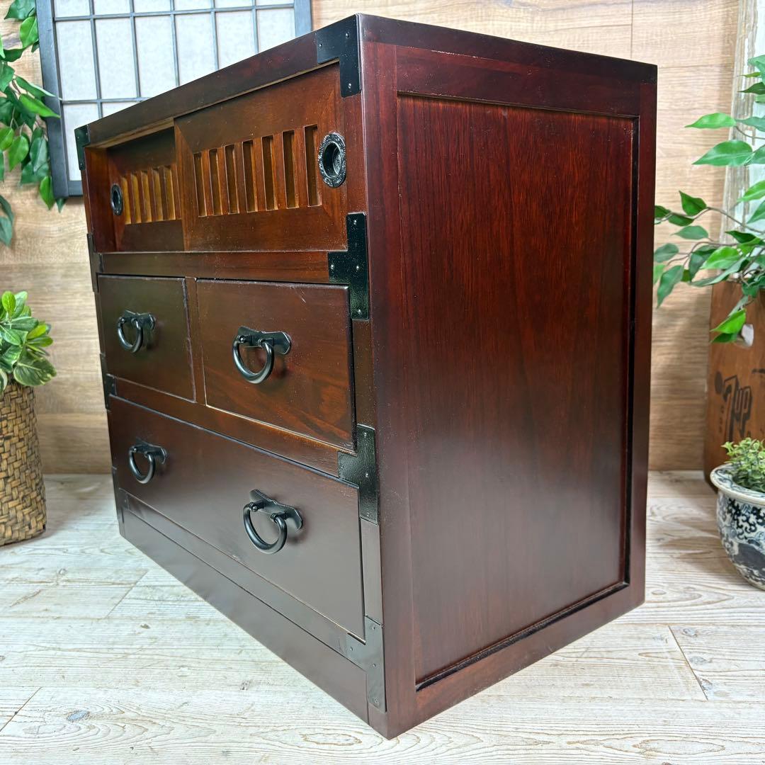 訳あり品【129】民芸家具引き戸付きタンスチェスト木製桐材無垢収納家具多引き出し