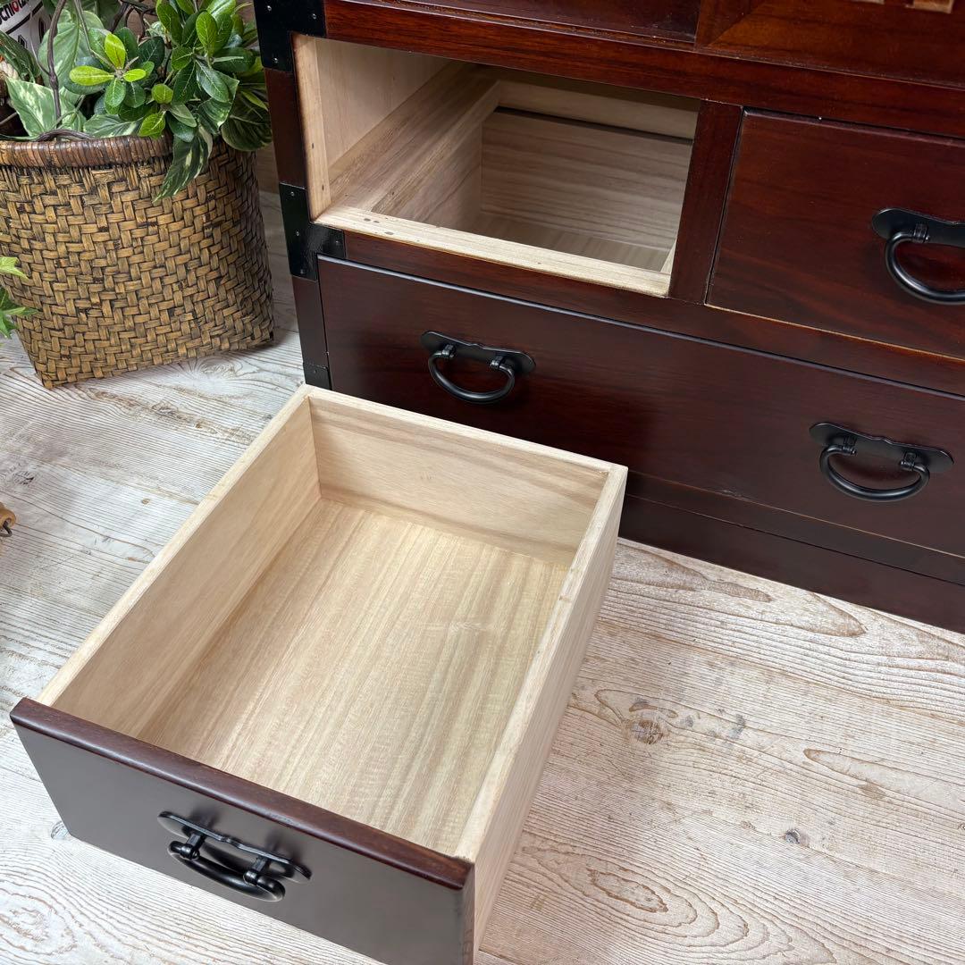 訳あり品【129】民芸家具引き戸付きタンスチェスト木製桐材無垢収納家具多引き出し