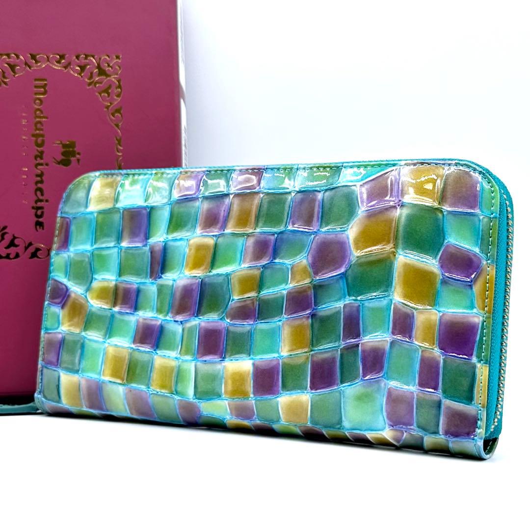未使用✨モーダプリンチペ ラウンドジップ長財布 クロコ型押し ステンドグラス風