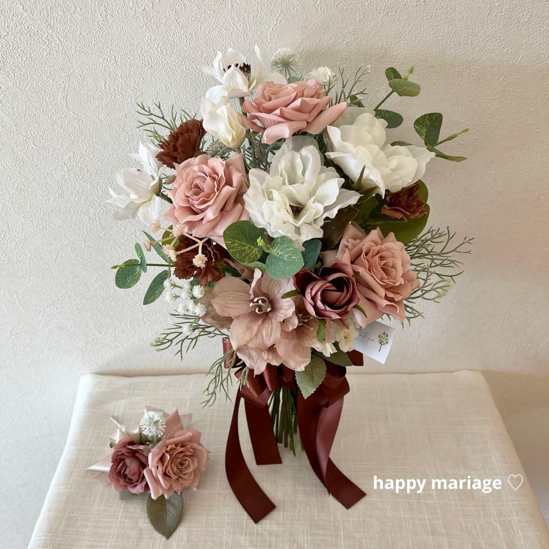 ウェディングブーケとブートニアのセット♡くすみピンクブーケ♡前撮り♡挙式♡