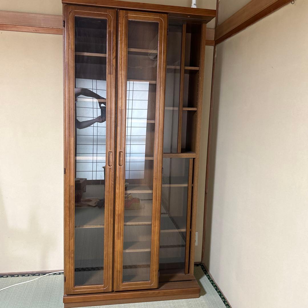 木製ガラス扉付き本棚 スライド式