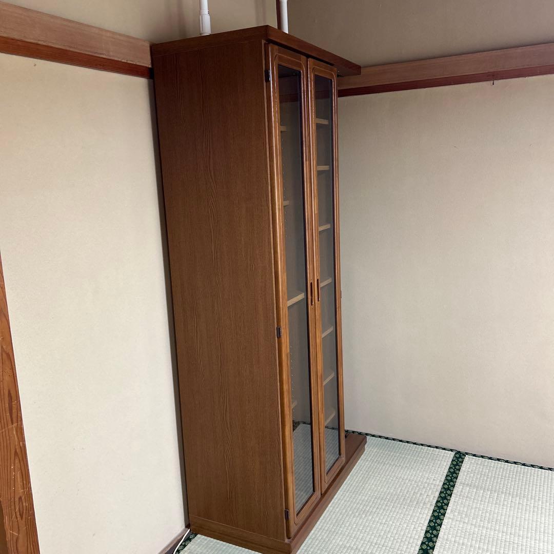 木製ガラス扉付き本棚 スライド式