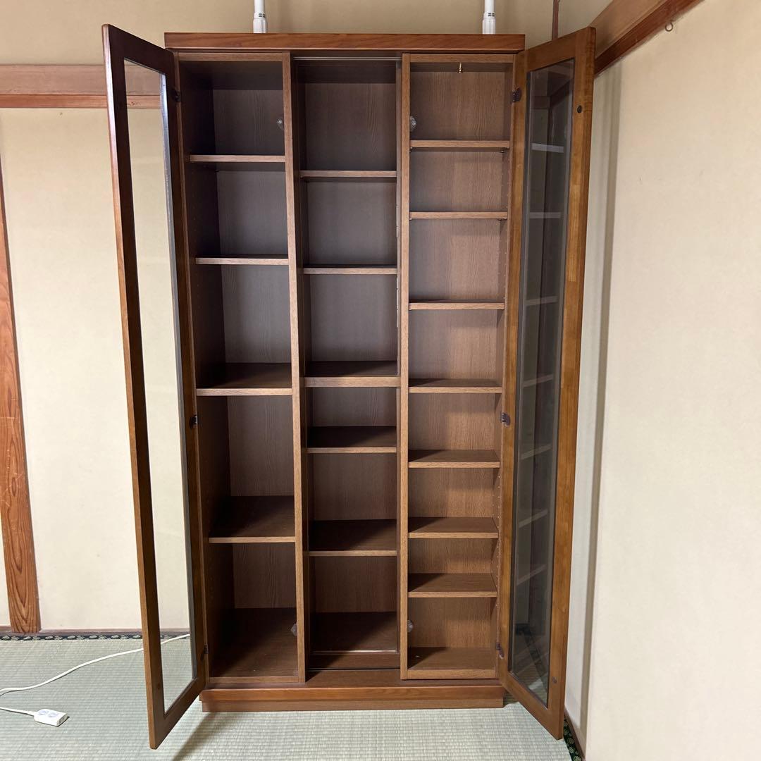 木製ガラス扉付き本棚 スライド式