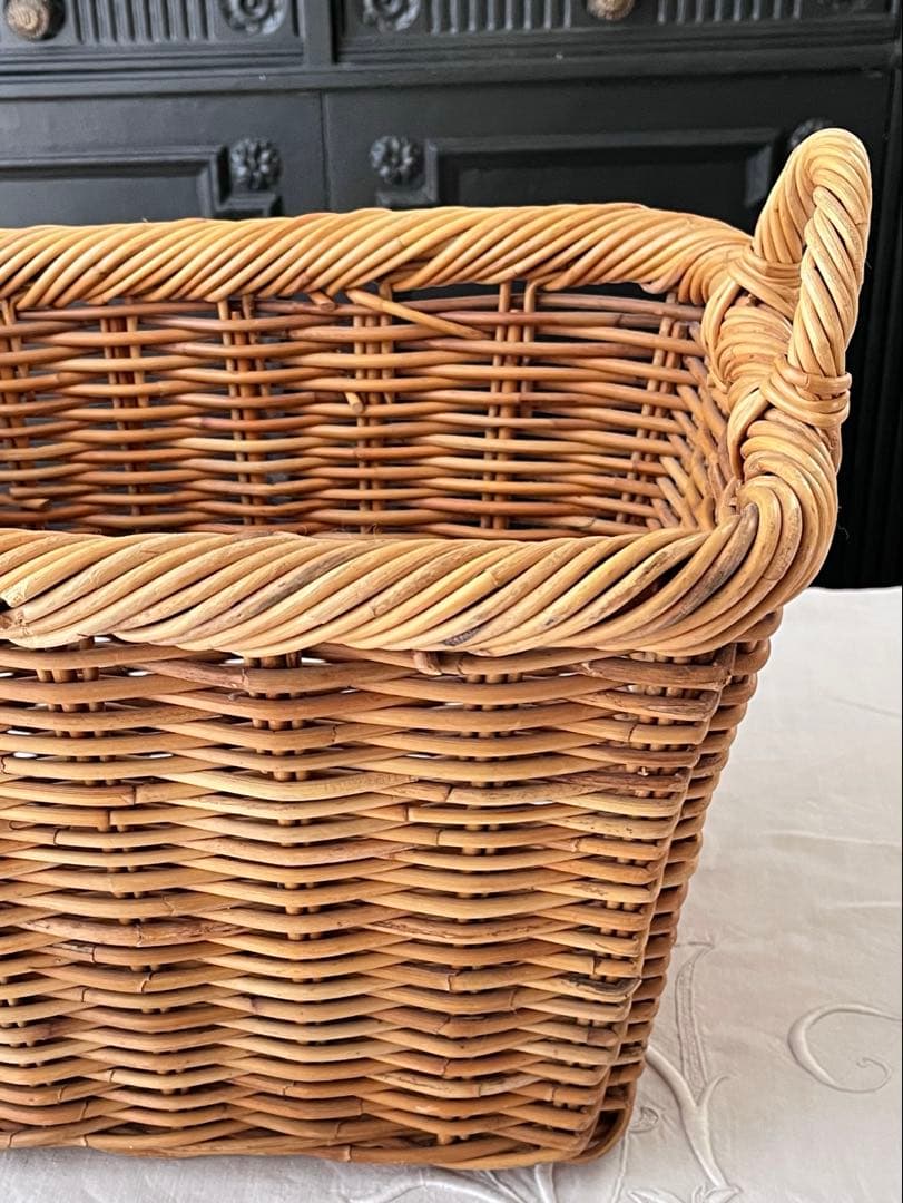 フランスアンティーク 飴色ラタンパニエ スクエア型 バスケット [1976]