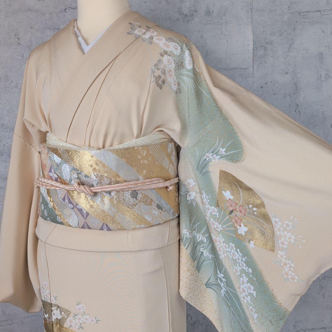 訪問着　フルセット　着物　正絹　金彩加工　鶴草花　金駒刺繍　寿　豪華　O8