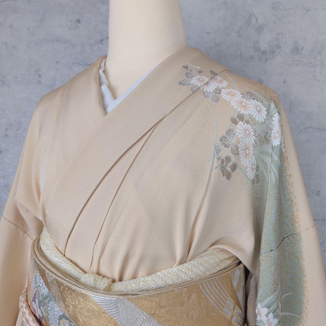 訪問着　フルセット　着物　正絹　金彩加工　鶴草花　金駒刺繍　寿　豪華　O8