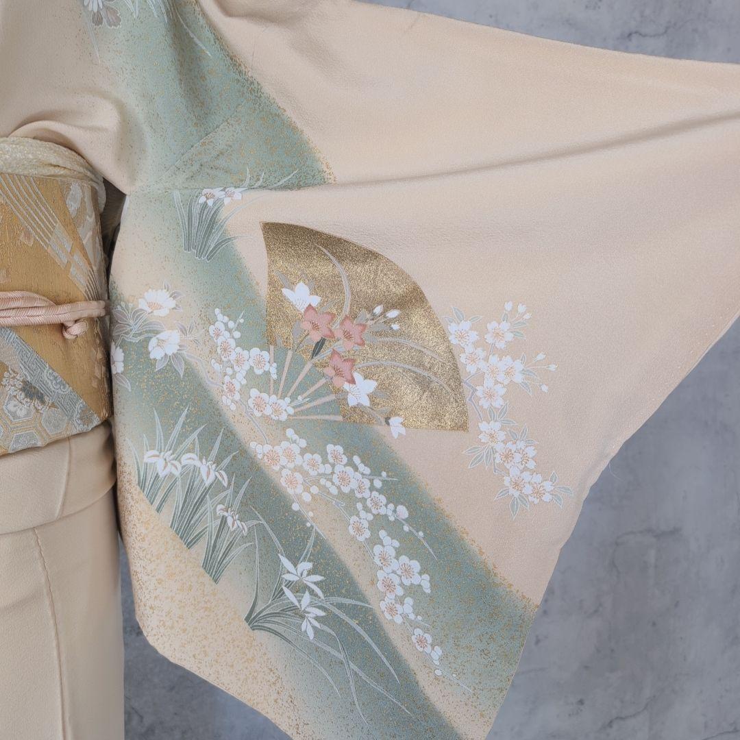 訪問着　フルセット　着物　正絹　金彩加工　鶴草花　金駒刺繍　寿　豪華　O8