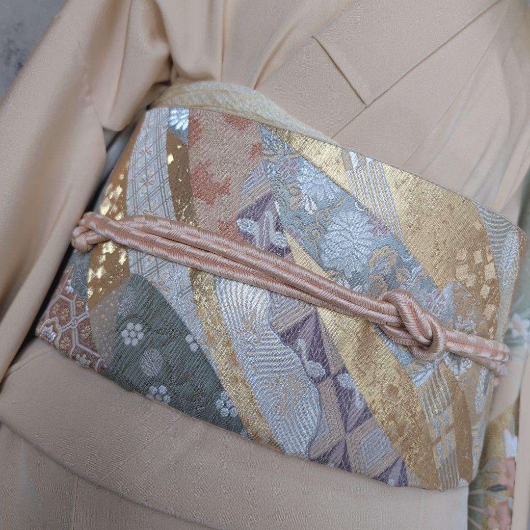 訪問着　フルセット　着物　正絹　金彩加工　鶴草花　金駒刺繍　寿　豪華　O8