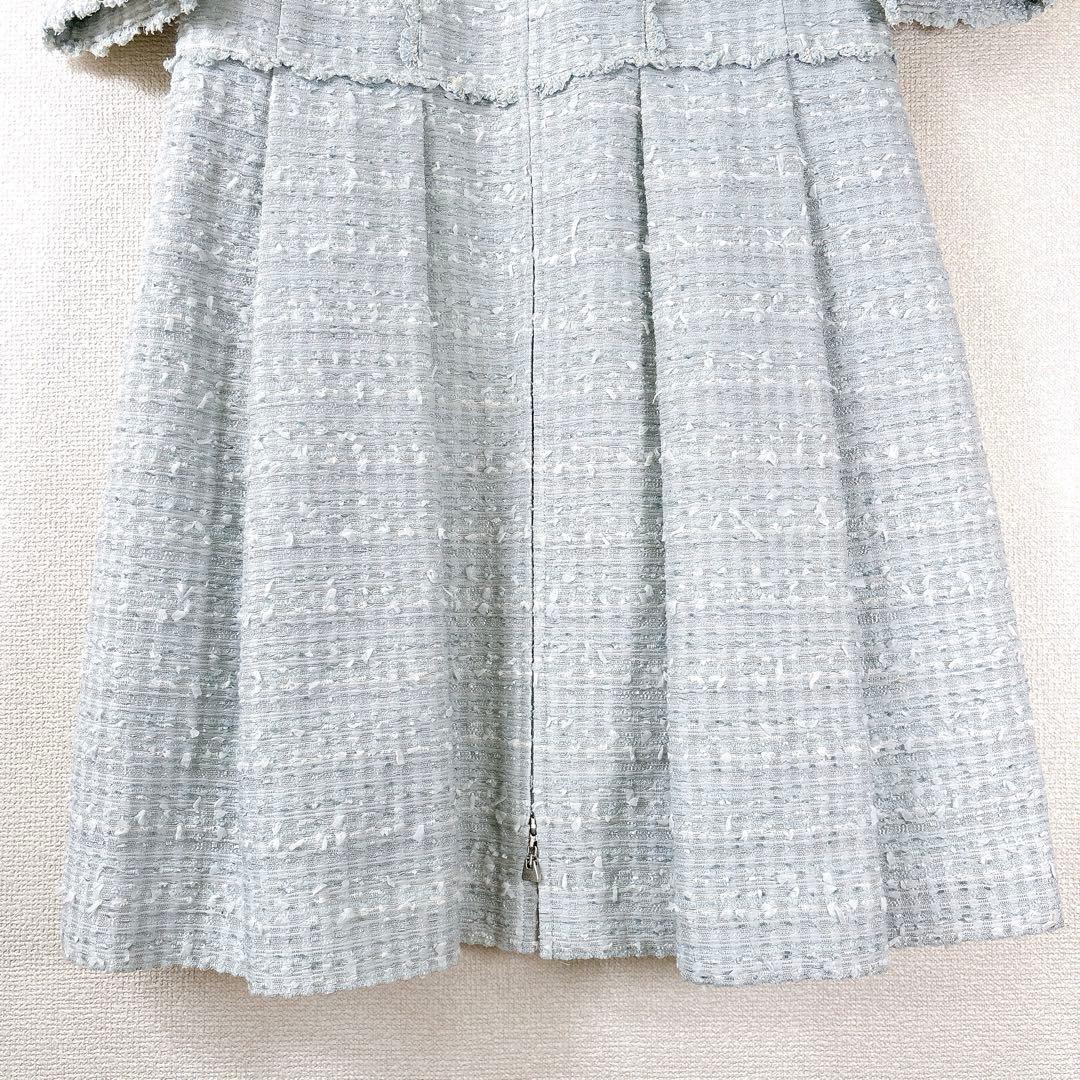 高級✨TO BE CHIC ノーカラー ツイードワンピース 水色 42 L〜XL