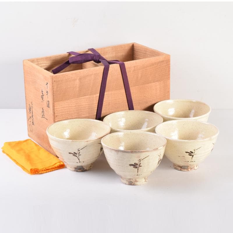 茶道具　志野焼　絵志野　西山窯　数茶碗　五客　合わせ箱　V　7016A