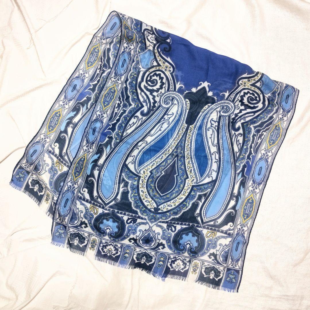 エトロETROカシミヤ100%ペイズリー柄フリンジストールマフラーブルーホワイト