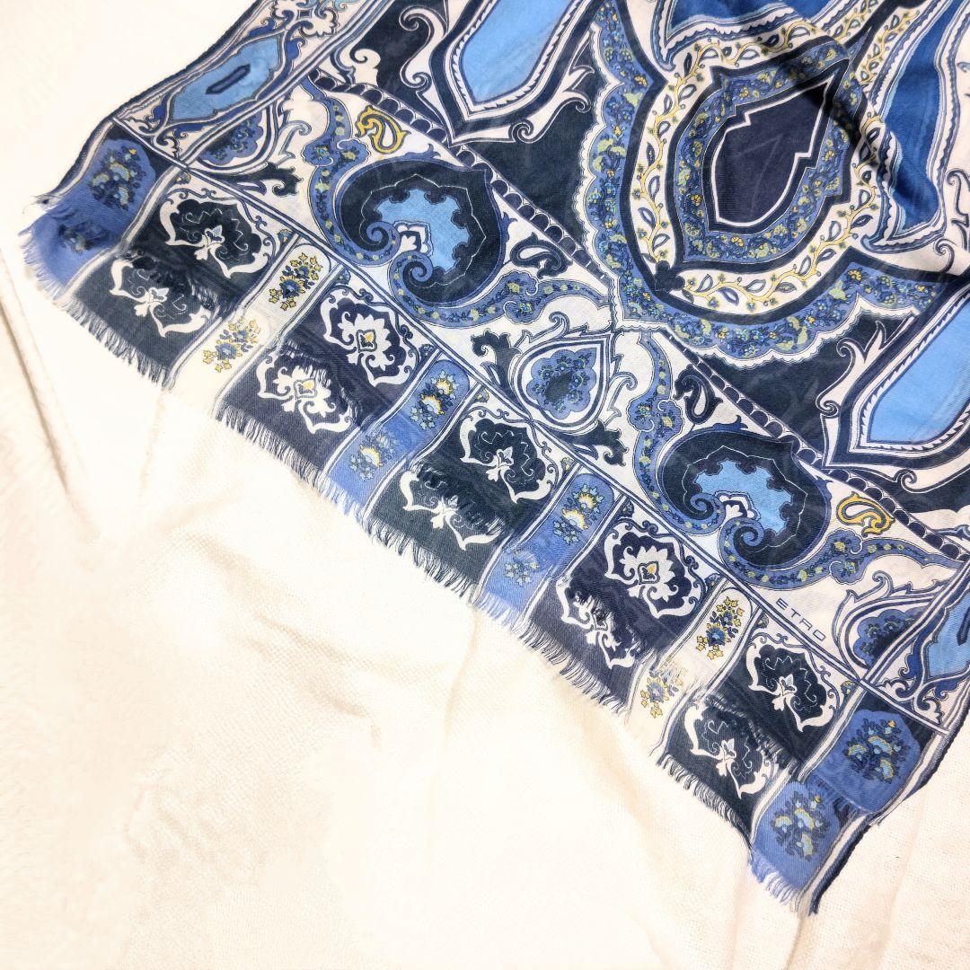 エトロETROカシミヤ100%ペイズリー柄フリンジストールマフラーブルーホワイト