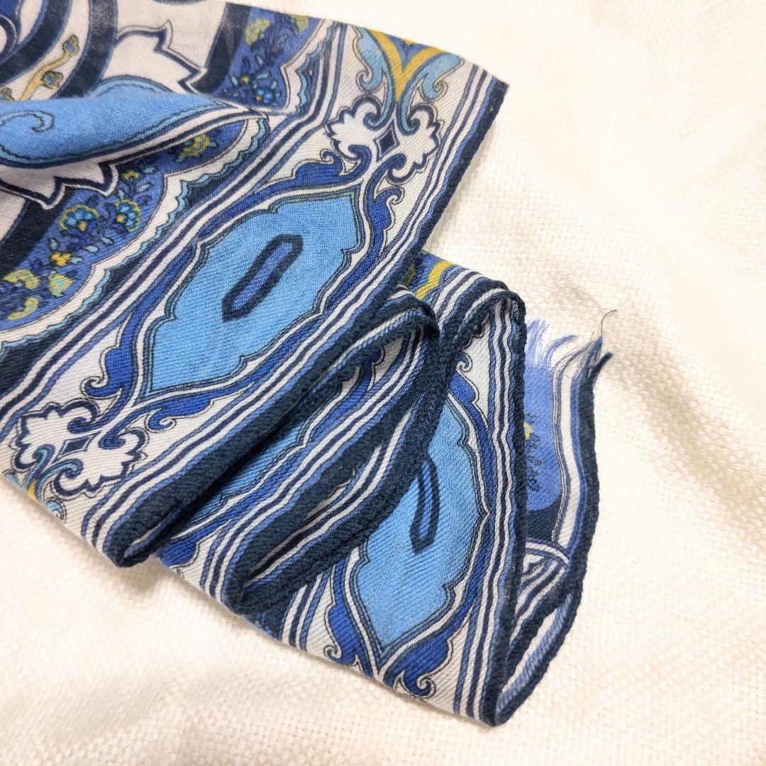 エトロETROカシミヤ100%ペイズリー柄フリンジストールマフラーブルーホワイト