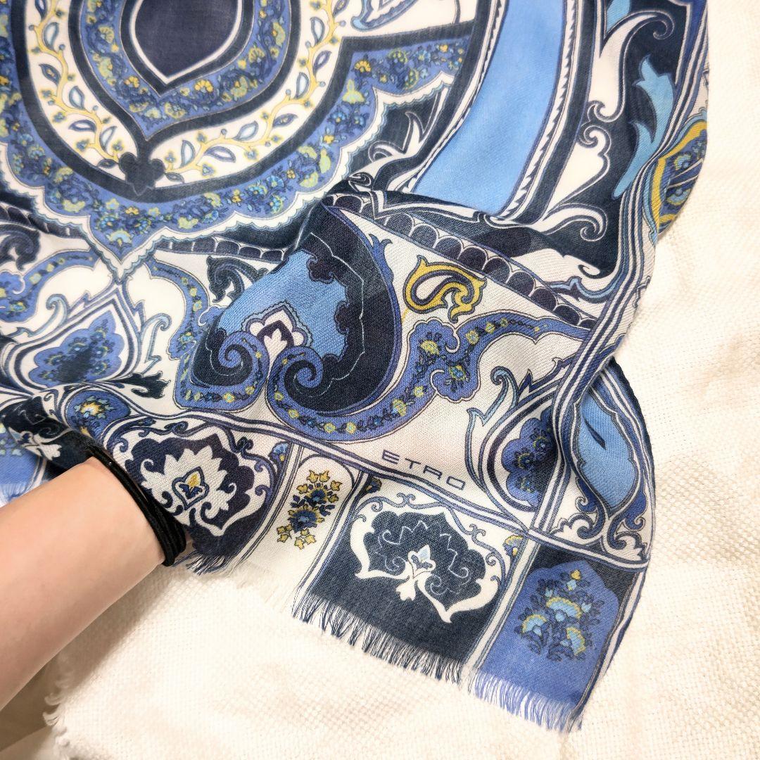 エトロETROカシミヤ100%ペイズリー柄フリンジストールマフラーブルーホワイト