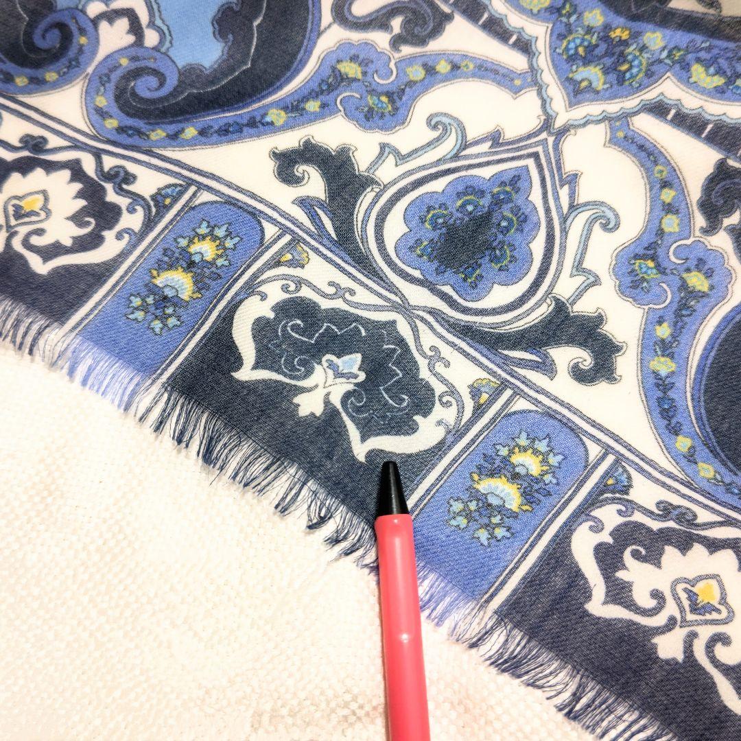 エトロETROカシミヤ100%ペイズリー柄フリンジストールマフラーブルーホワイト