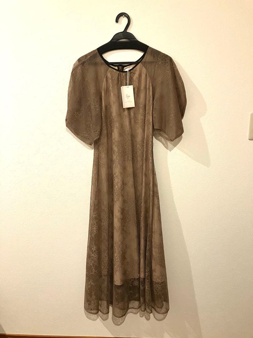 【LEJA】パフスリーブウエストリボン総レースロングドレス