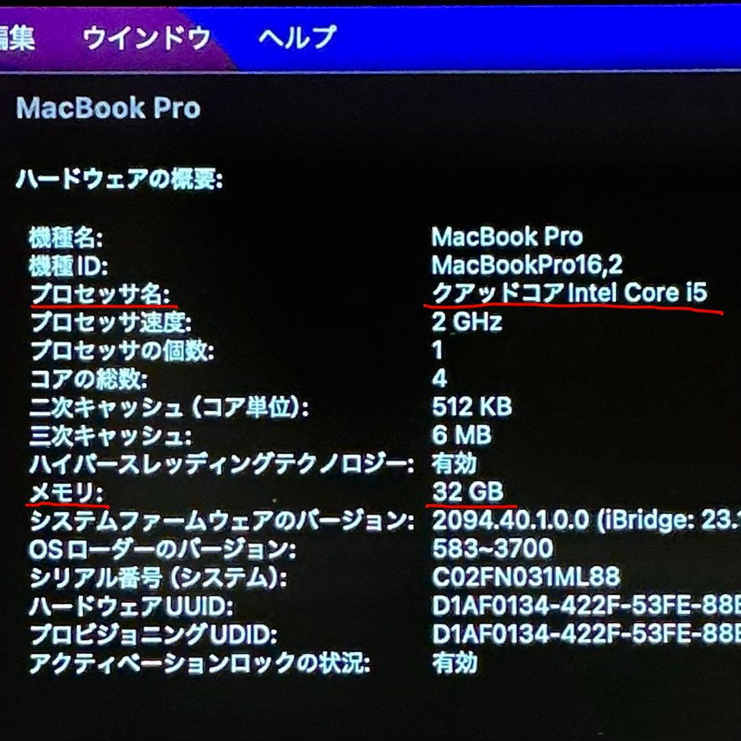 MacBook Pro 13.3/2.0GHz/32GB/1TB 電池100%