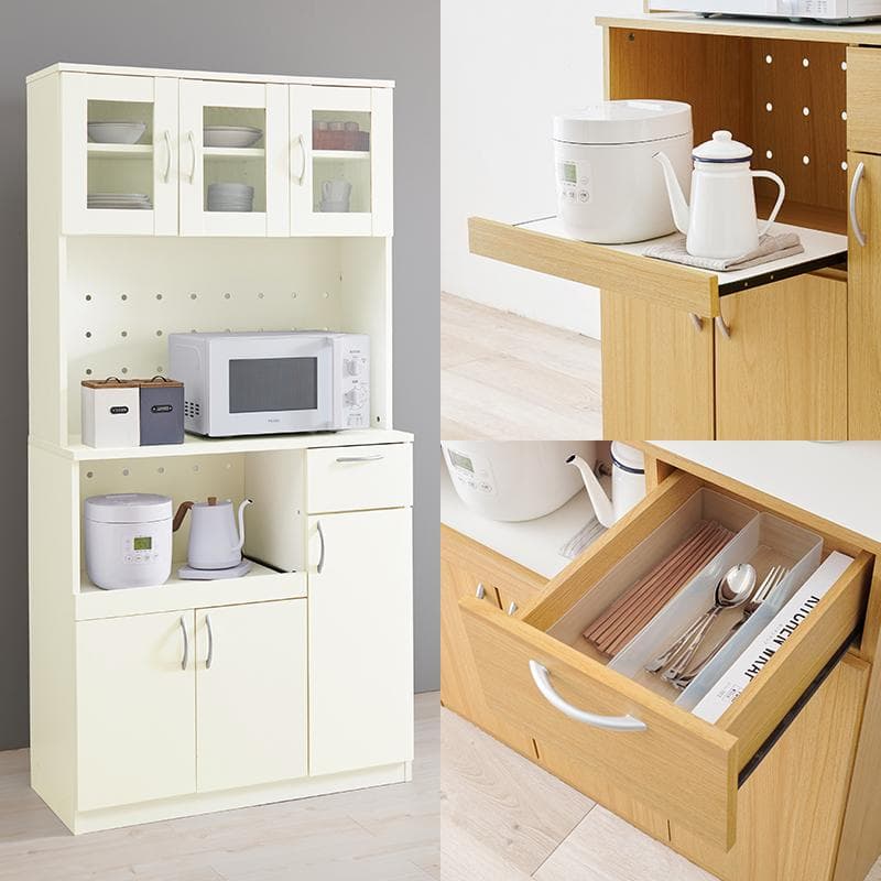 【幅89】スライド棚付きキッチンボード ガラス扉付 キッチンラック ハイタイプ