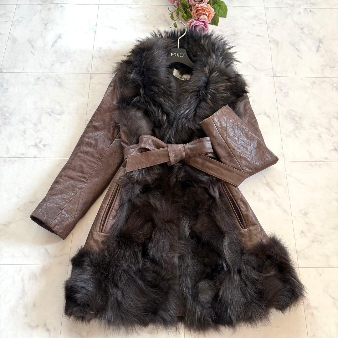 高級★ノワールリビエール フォックス毛皮 羊革 イタリアレザー ベルテッドコート