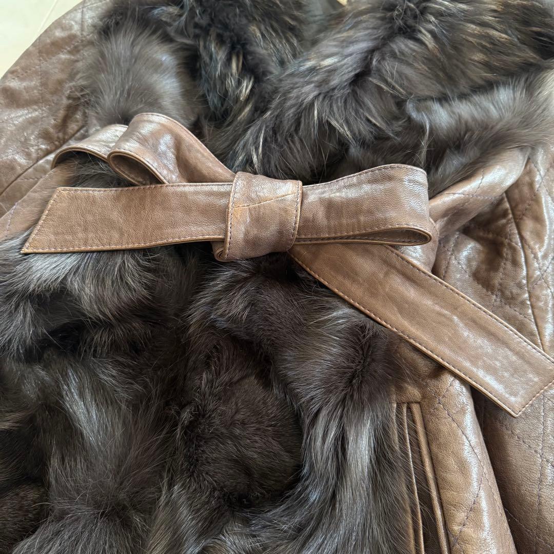 高級★ノワールリビエール フォックス毛皮 羊革 イタリアレザー ベルテッドコート