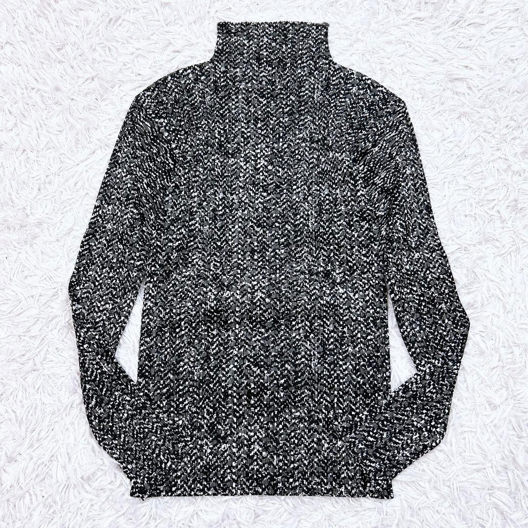 【美品】プリーツプリーズ 総柄ハイネックカットソー モノトーン イッセイミヤケ