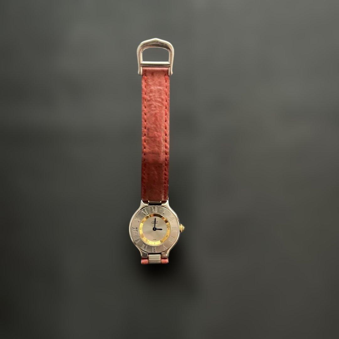 カルティエレディース時計 赤 レザー/電池交換済み