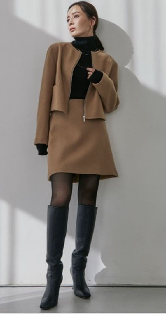 アニュアンス　ウールダブルクロスミニスカート　キャメル　ウールスカート