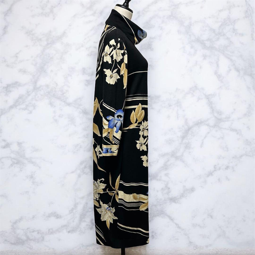 レオナール ウール100％ タートルネック ニット 花柄 ロングワンピース 黒