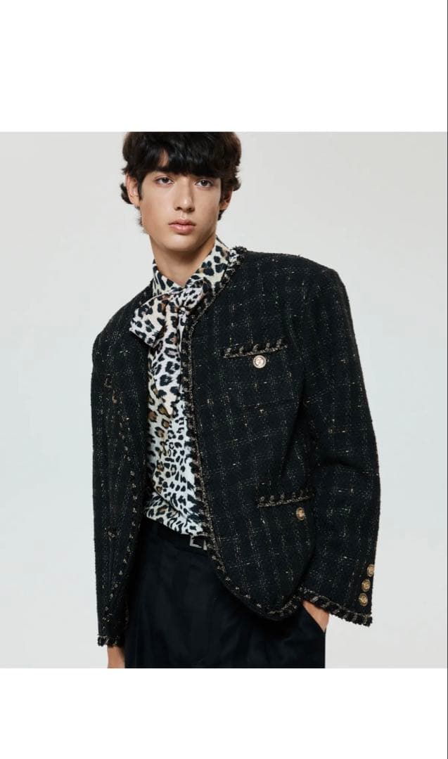 ツイードノーカラージャケット　ブラック、ゴールド　韓国　musinsa