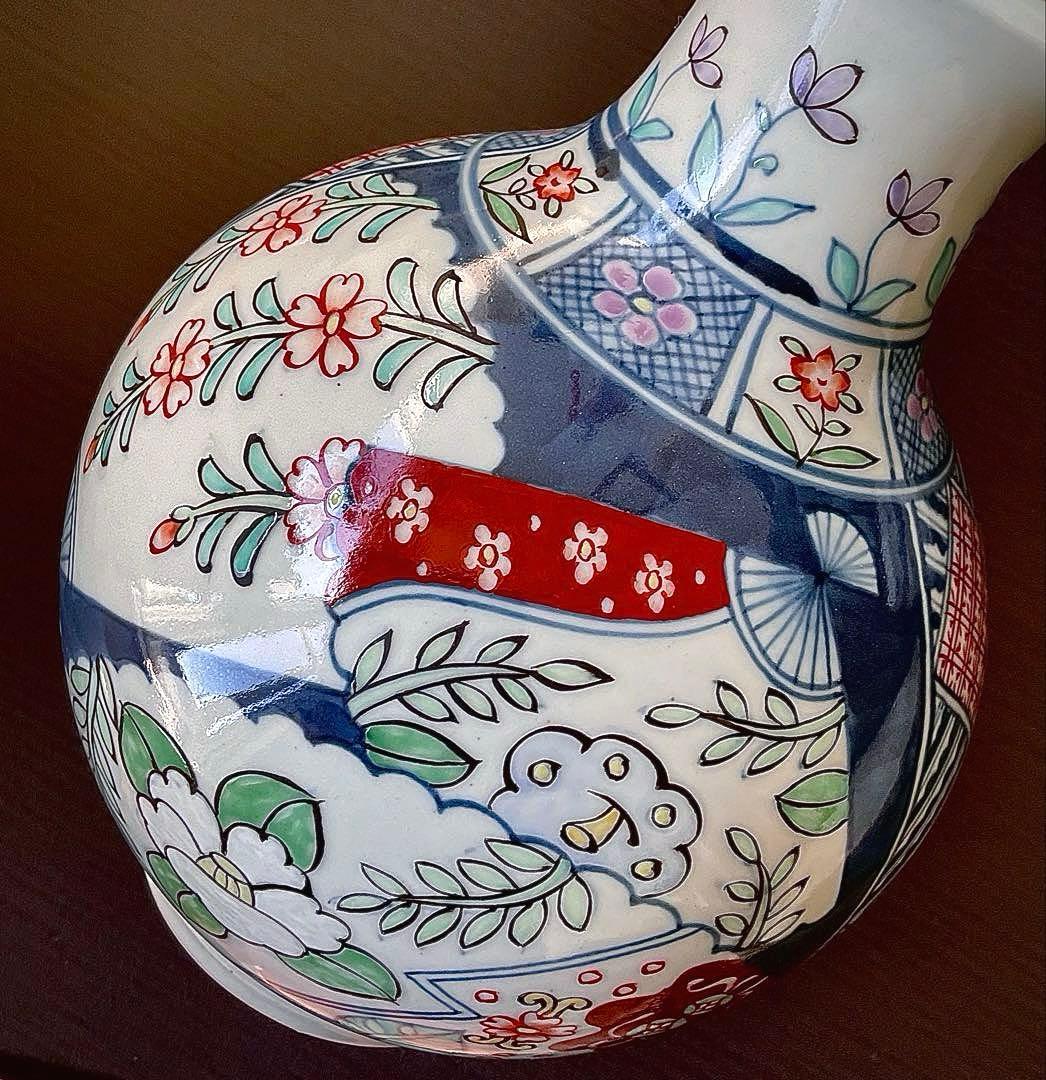 №８７６　佐藤走波（六代）　花瓶or つぼ　染錦　扇絵辻が花文【特特選•一点物】