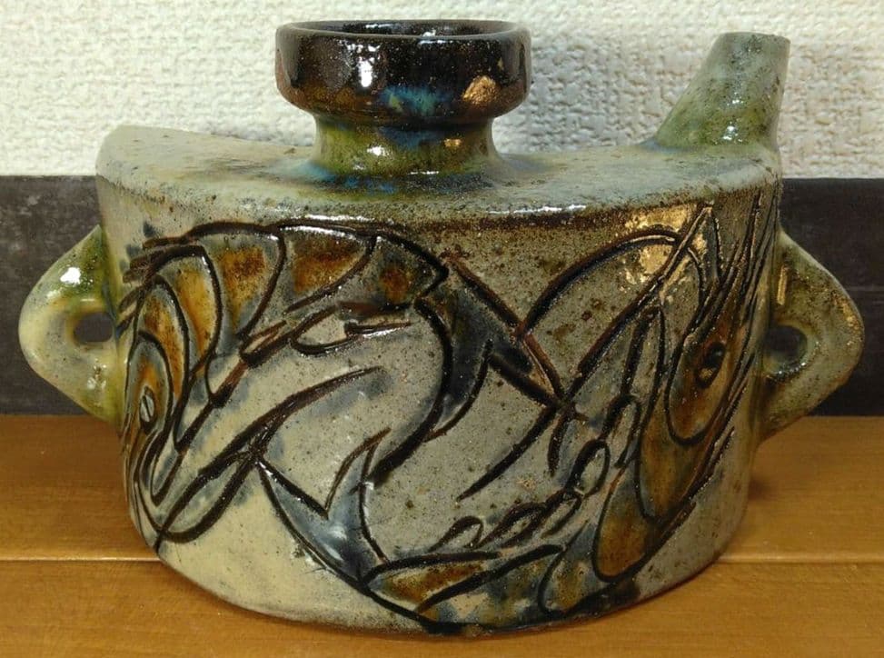 人間国宝 金城次郎 海老紋抱瓶 栞 共箱 美品 壺屋焼 壷屋焼 やちむん