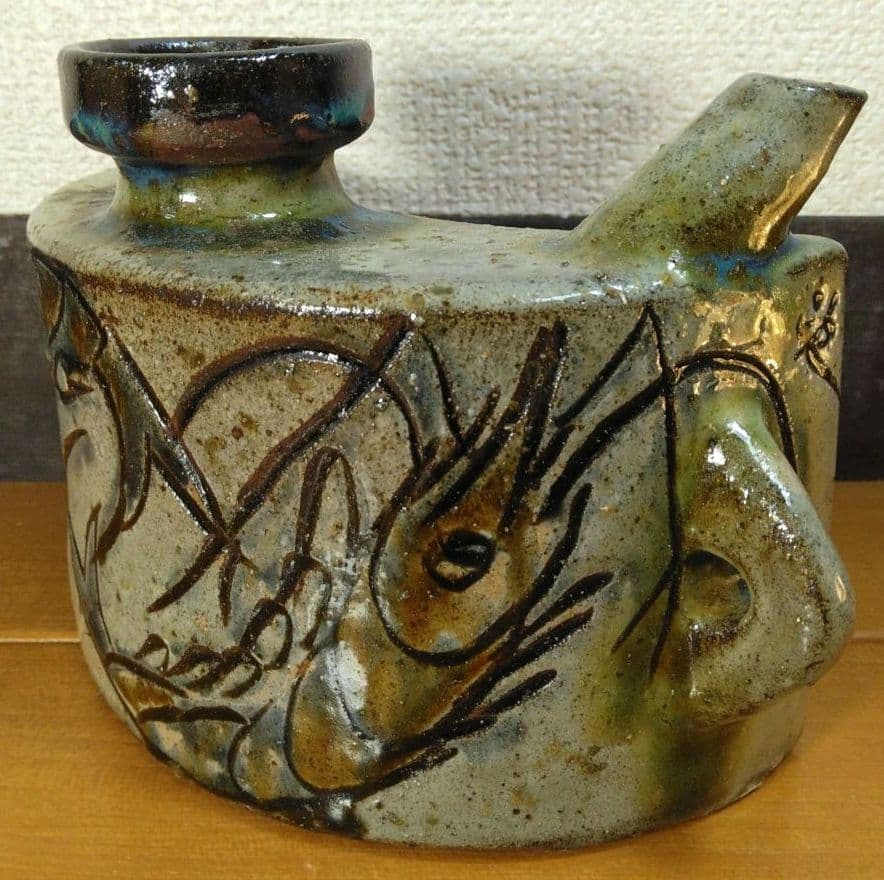 人間国宝 金城次郎 海老紋抱瓶 栞 共箱 美品 壺屋焼 壷屋焼 やちむん