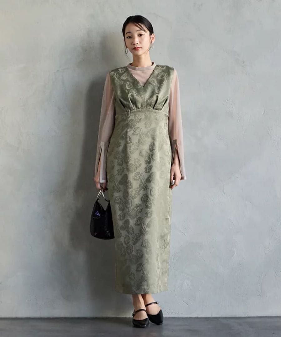 チュールブラウス付きジャガードIラインドレス