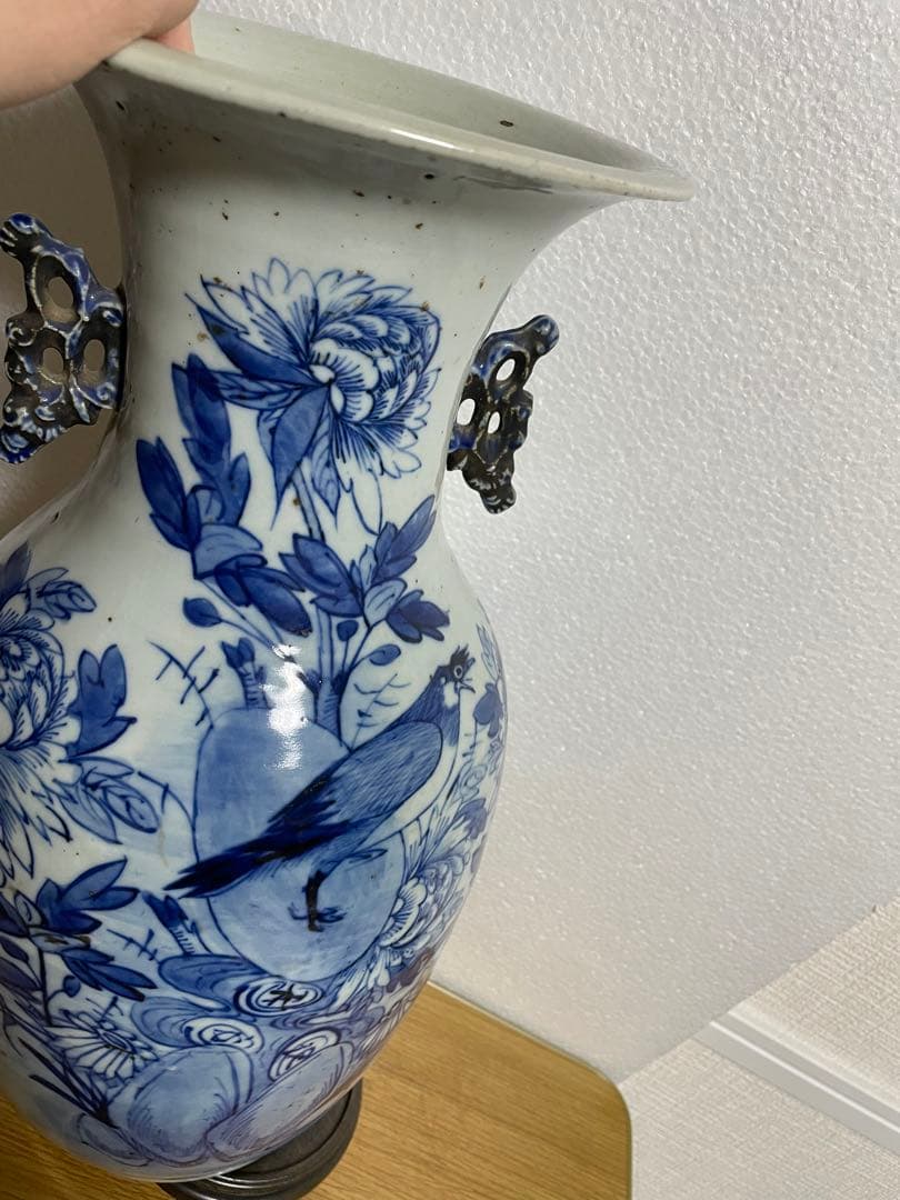 中国古玩　染付 双耳 大花瓶 高約43.2cm 清朝 時代物 中国美術 花瓶