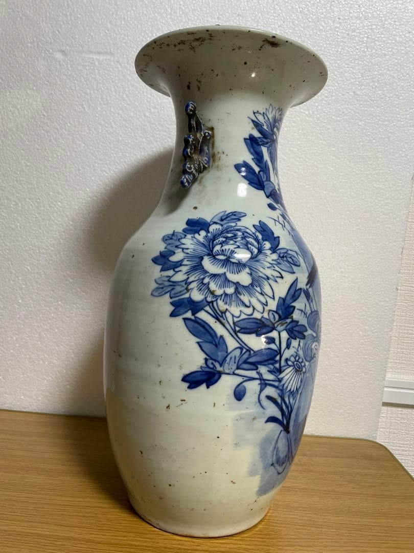 中国古玩　染付 双耳 大花瓶 高約43.2cm 清朝 時代物 中国美術 花瓶