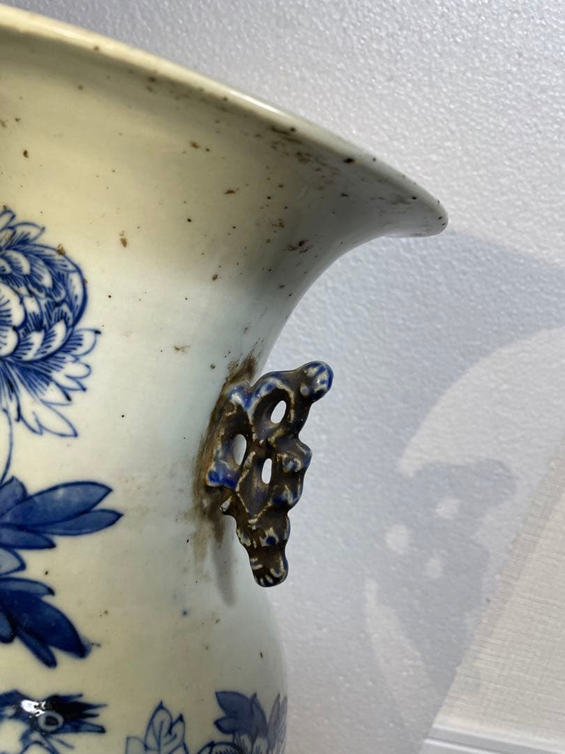 中国古玩　染付 双耳 大花瓶 高約43.2cm 清朝 時代物 中国美術 花瓶