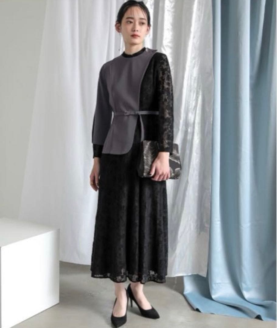 美品Callarusカラルス3L大きいイサイズ 異素材切替アシメワンピース結婚式