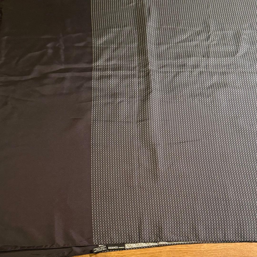【美品】エルメス　HERMES シルク ストール ネイビー　グレー フリンジ付き
