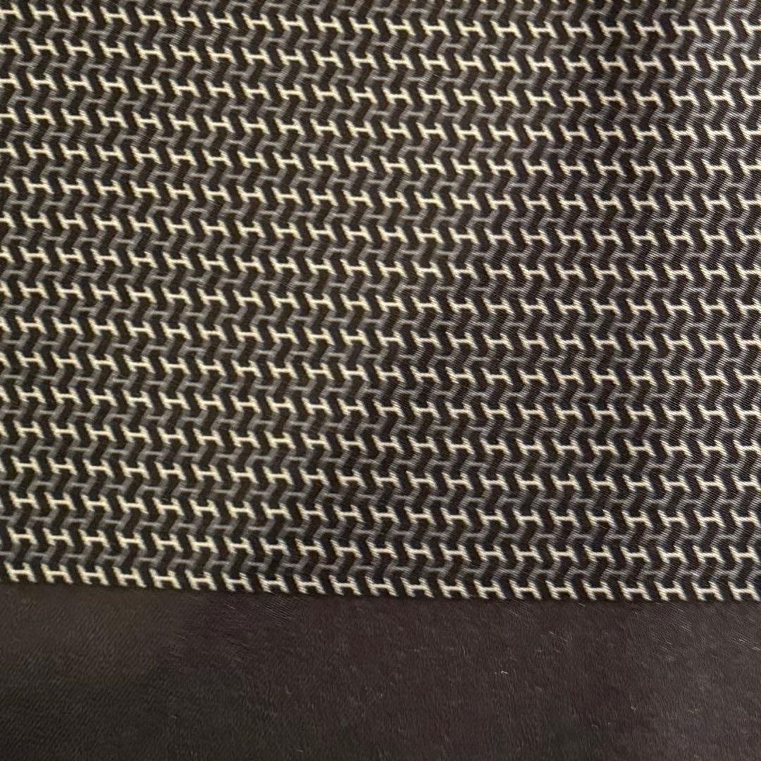 【美品】エルメス　HERMES シルク ストール ネイビー　グレー フリンジ付き