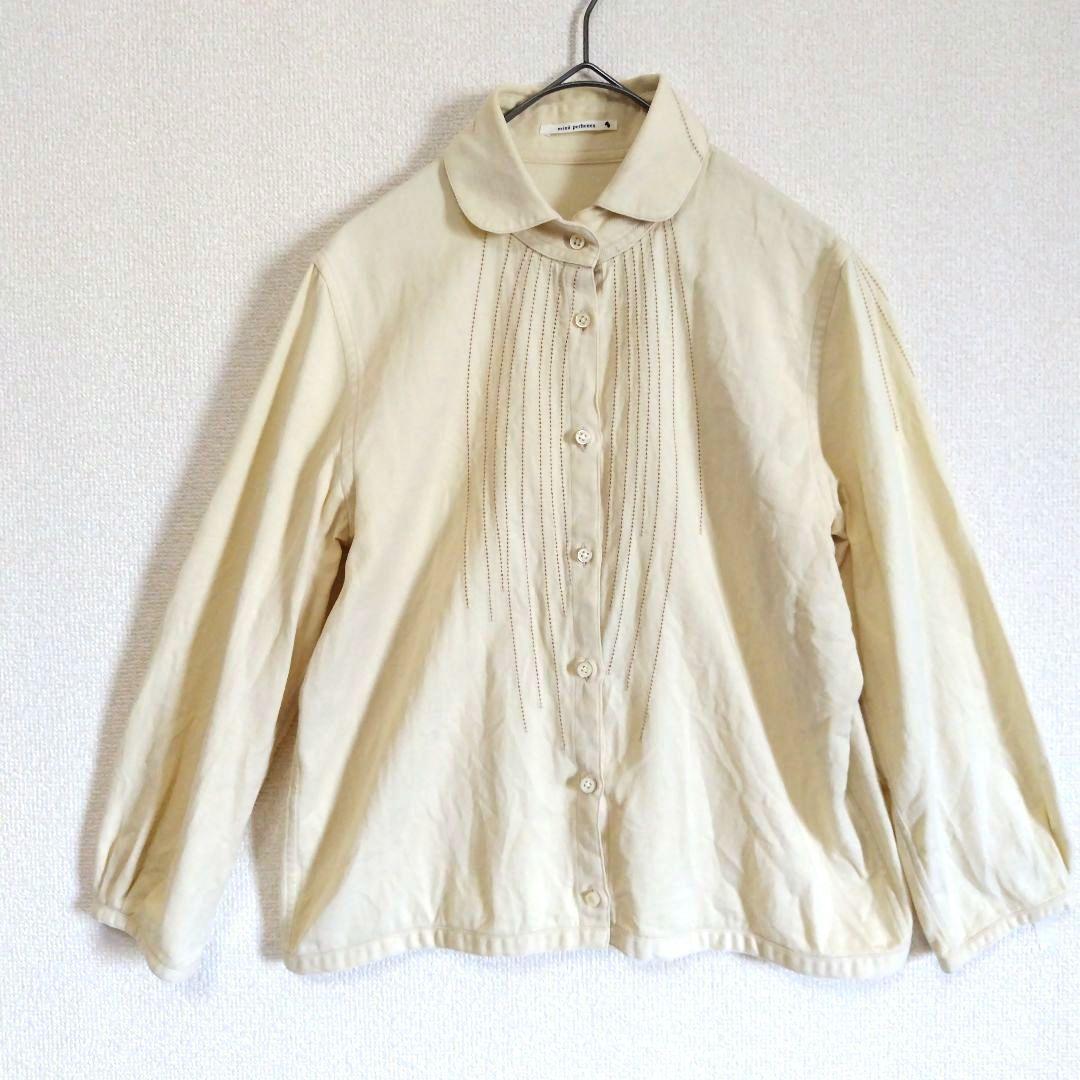 ミナペルホネン　コットンシャツ　ライン　カットワーク刺繍　キナリ　オフホワイト