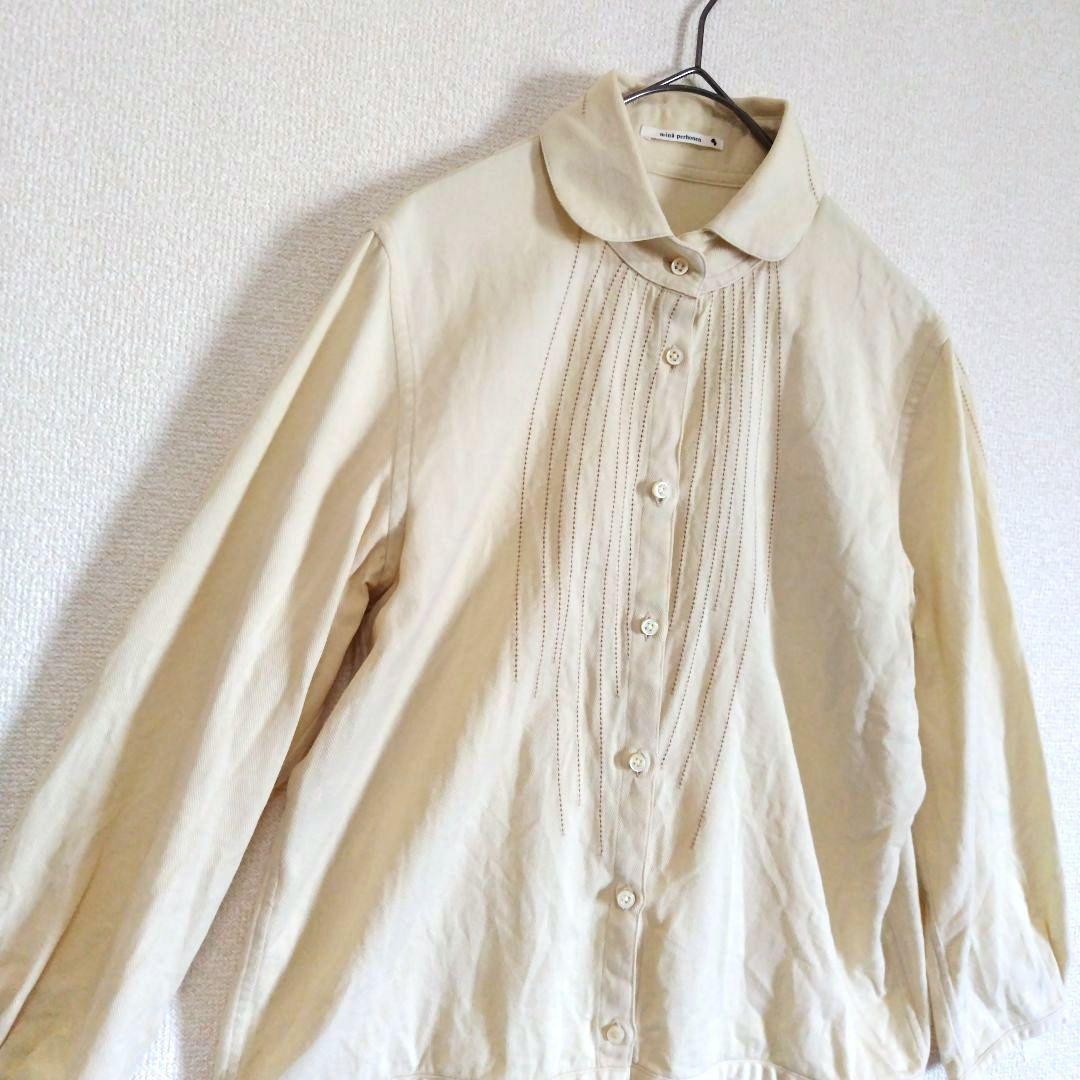 ミナペルホネン　コットンシャツ　ライン　カットワーク刺繍　キナリ　オフホワイト