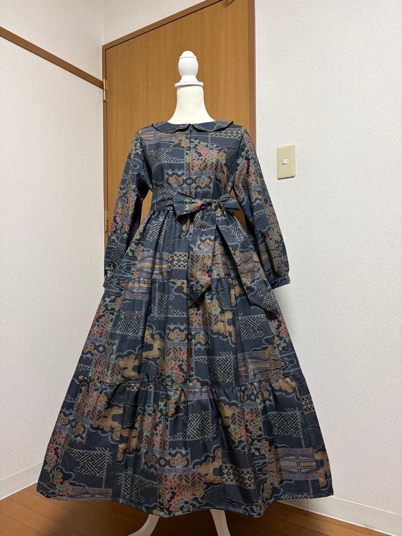 着物リメイク♪ 大島紬　3段ティアードワンピース　花模様　裏地付き　ＭーＬ