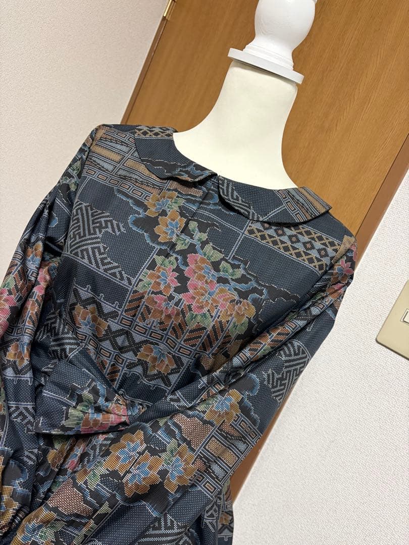 着物リメイク♪ 大島紬　3段ティアードワンピース　花模様　裏地付き　ＭーＬ